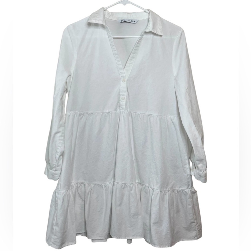 Zara White Button Down Tiered Ling Sleeve Mini Dress 100% Cotton Size XS - Picture 2 of 14